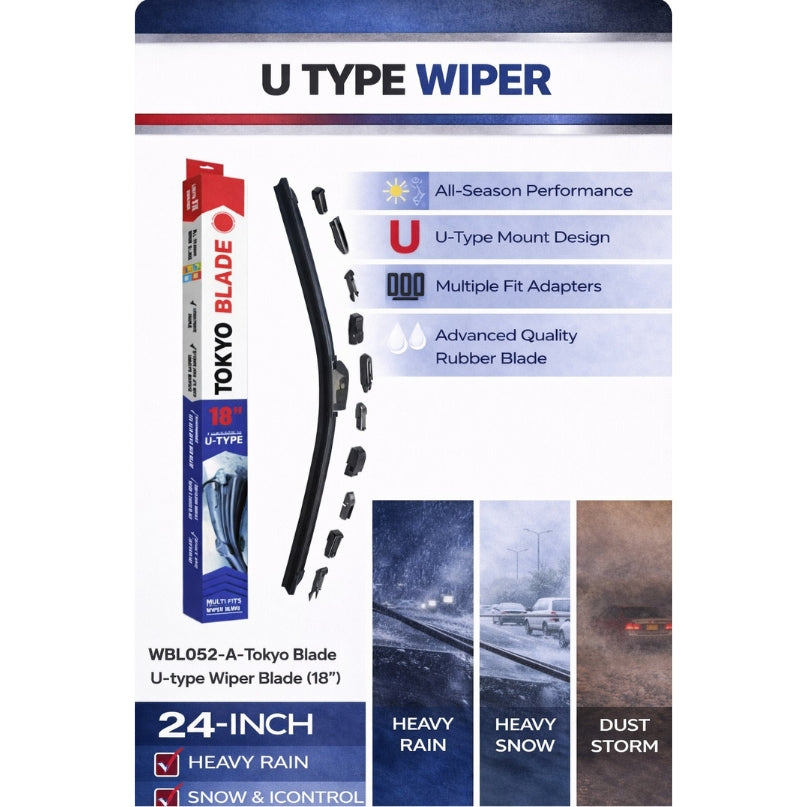 Universal Car Wiper Blades – U-Type, Hybrid & Metal Frame (16”–26” Sizes Available)