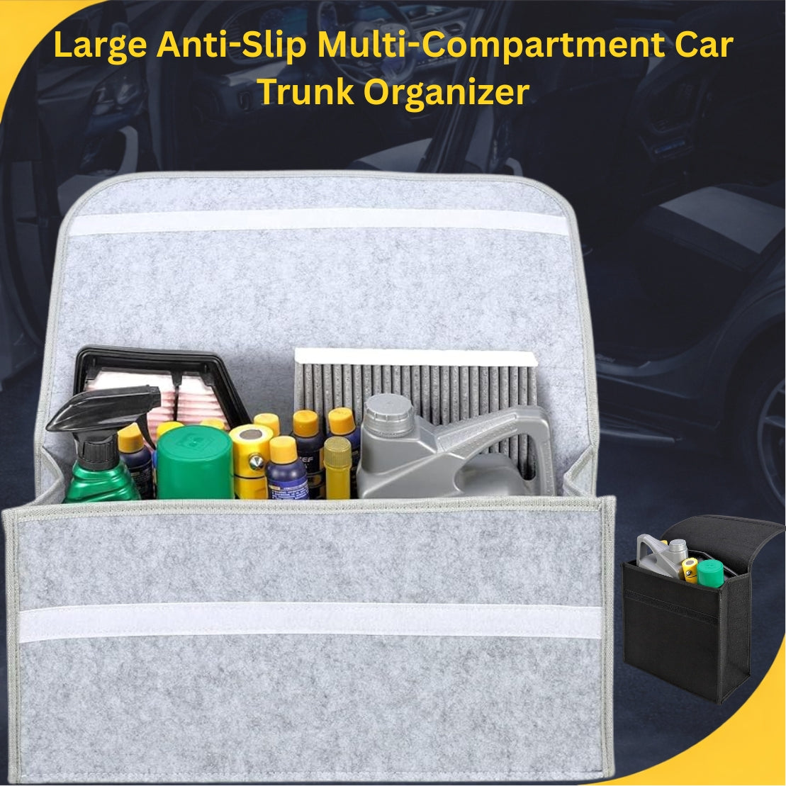 Felt Portable Cleaning Supplies Car Trunk Organizer- Anti Skip Foldable Boot Storage Organizer Utility Tool Bag For Cars (Light Grey and Dark Grey)