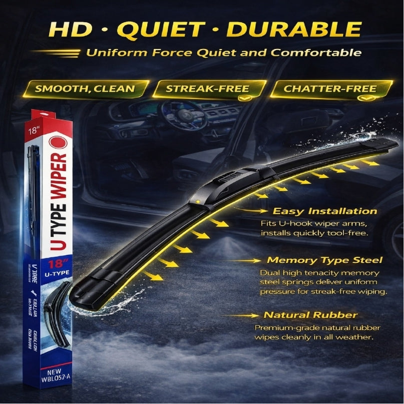 Universal Car Wiper Blades – U-Type, Hybrid & Metal Frame (16”–26” Sizes Available)